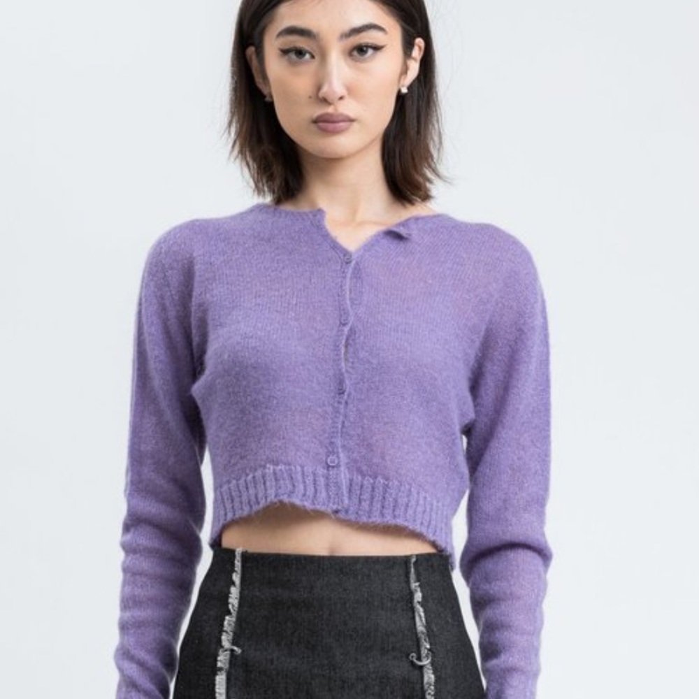 Danielle Guizio Mohair Ribbed Cardigan in Lavender